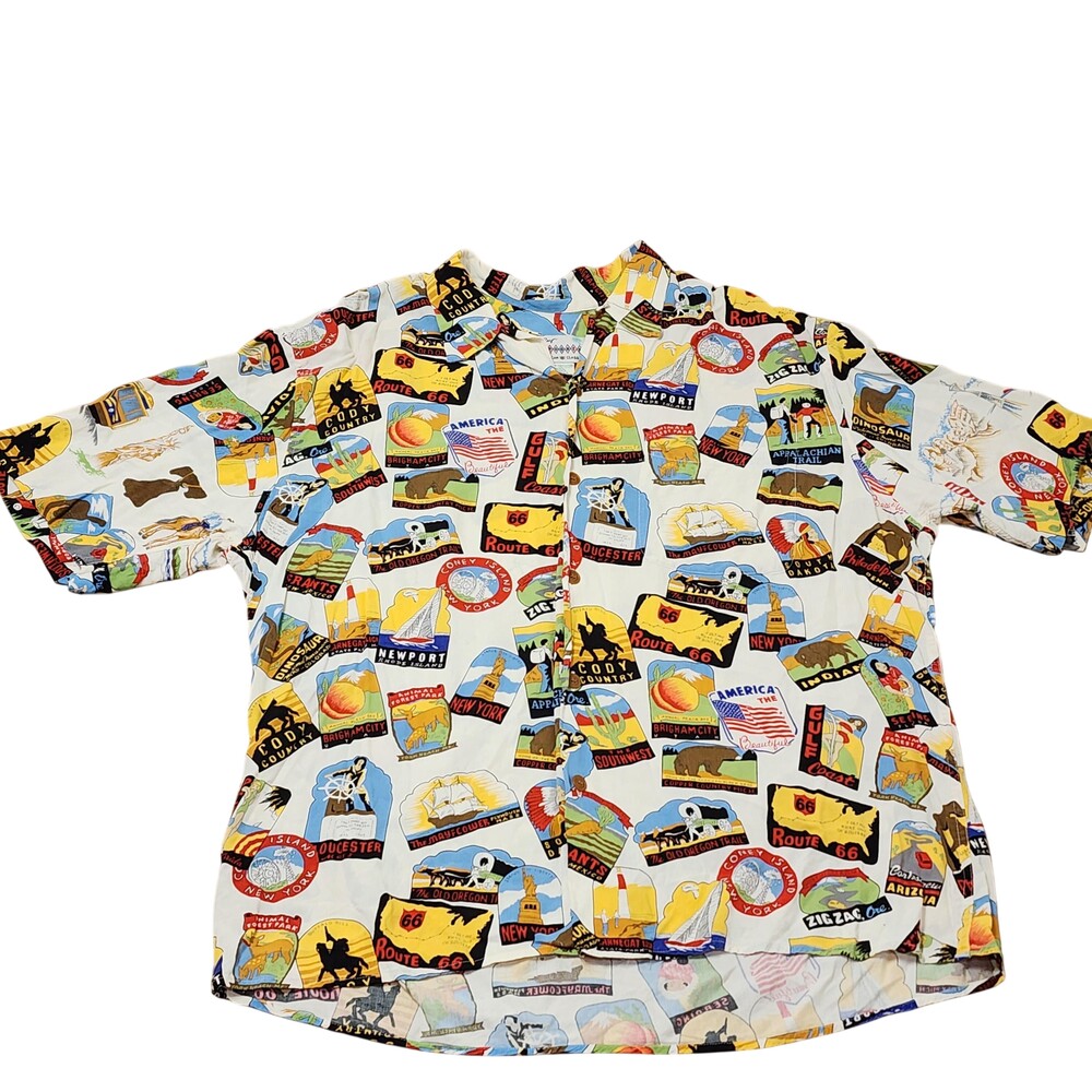 Reyn Spooner Shirt Mens Large Multicolor USA Map Route 66 Travel Rayon Hawaiian
